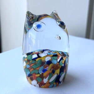 Czech Multicolor in Clear Art Glass Cat Kitten Paperweight Figurine 3"